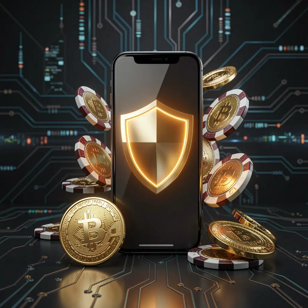 99TORO secure mobile casino app concept showing a smartphone with a glowing shield icon surrounded by golden coins and chips against a dark luxury cyber background in a realistic 3D render