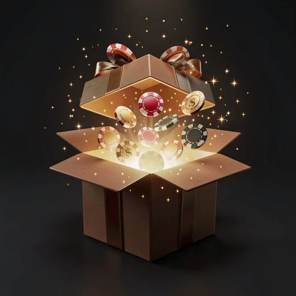 99TORO no deposit bonus visual featuring free casino chips emerging from a glowing gift box with magical sparkles against a dark premium background in a realistic 3D render