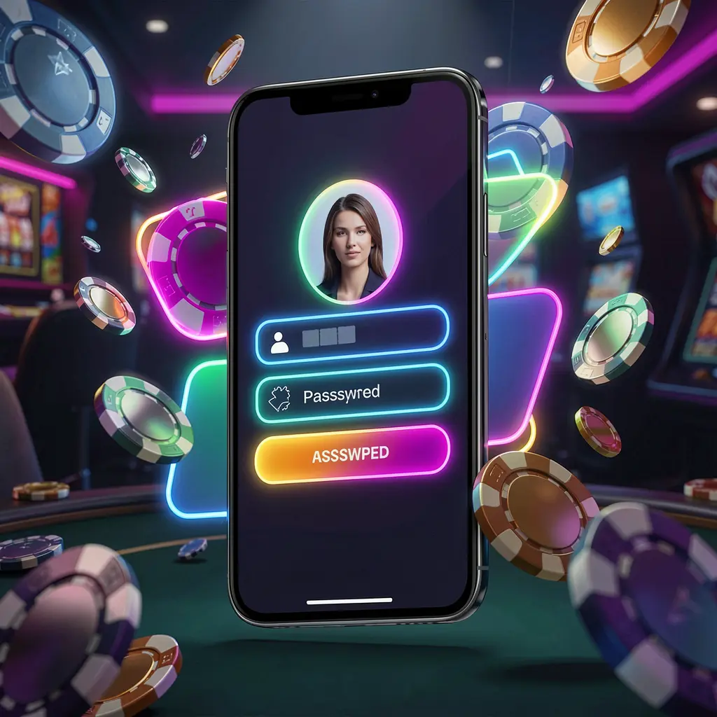 99TORO mobile casino login screen on a phone with abstract UI shapes for user profile and password fields, neon glow, flying chips and coins in a dark premium casino atmosphere