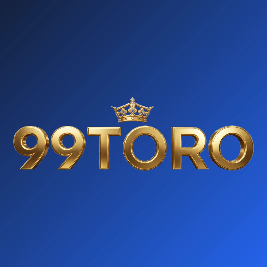 Luxury 99TORO logo with gold metallic finish and crown above the letters, designed as a horizontal rectangular wordmark with a transparent background for a premium website header
