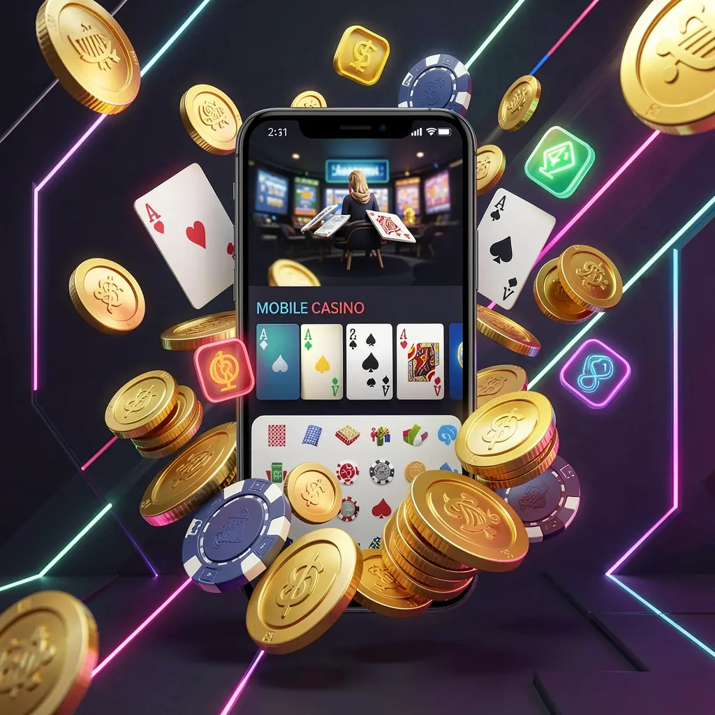 99TORO mobile casino homepage concept featuring a smartphone surrounded by golden coins, chips, cards, and glowing icons on a modern dark background with neon accents